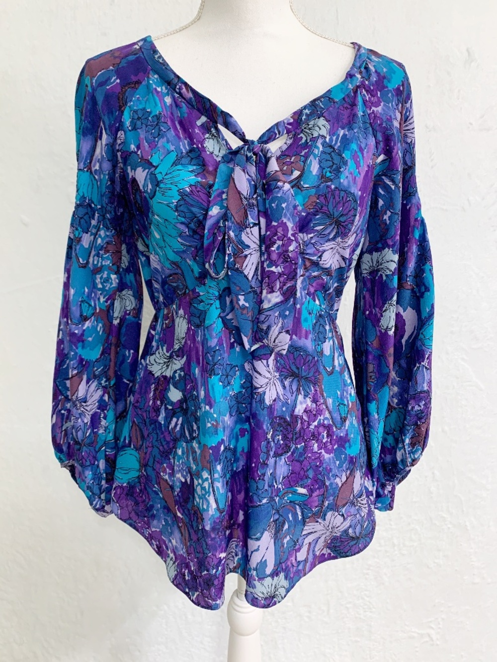 Rebecca Taylor Floral Silk Tie Neck Blouse Sz 4